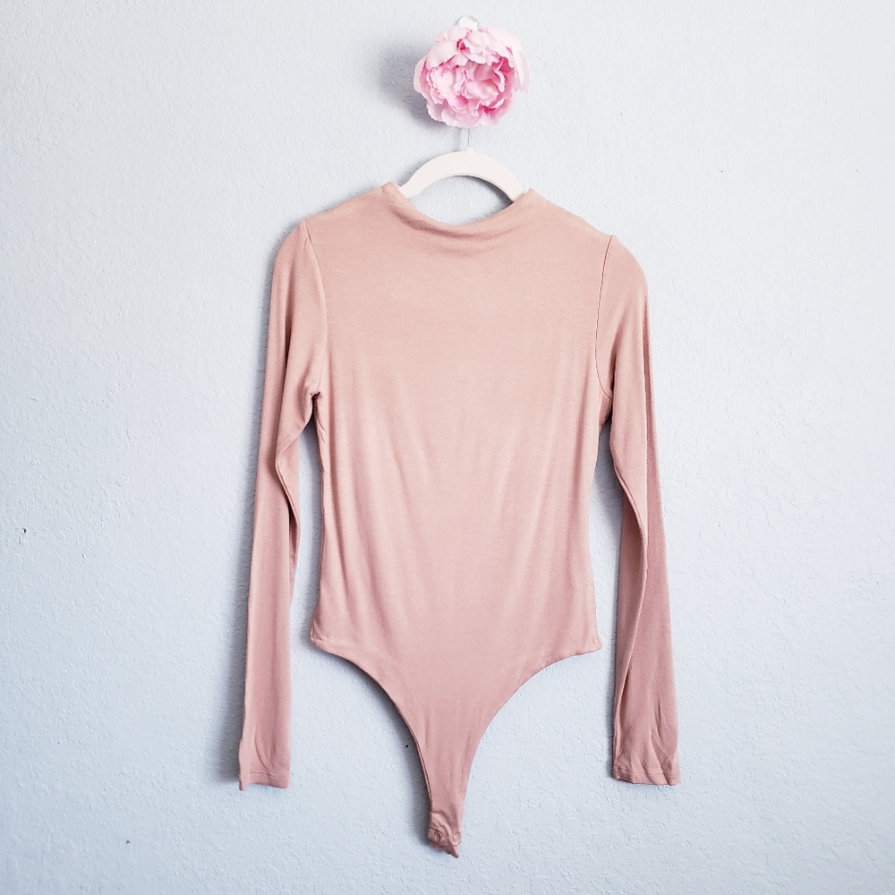 Naked Wardrobe Tan Long Sleeve Thong Bodysuit